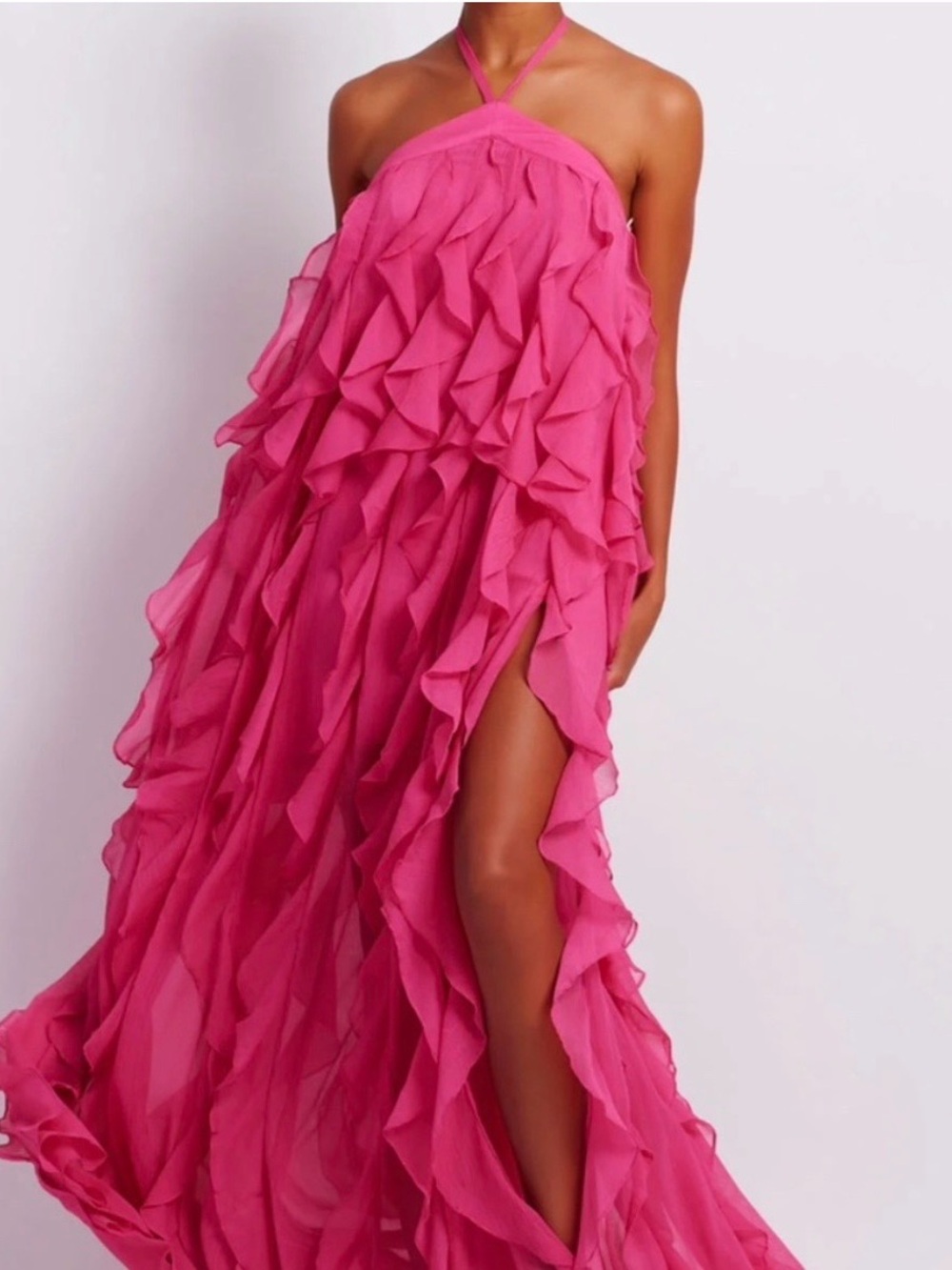 PatBO Hot Pink Halter Ruffle Maxi Dress